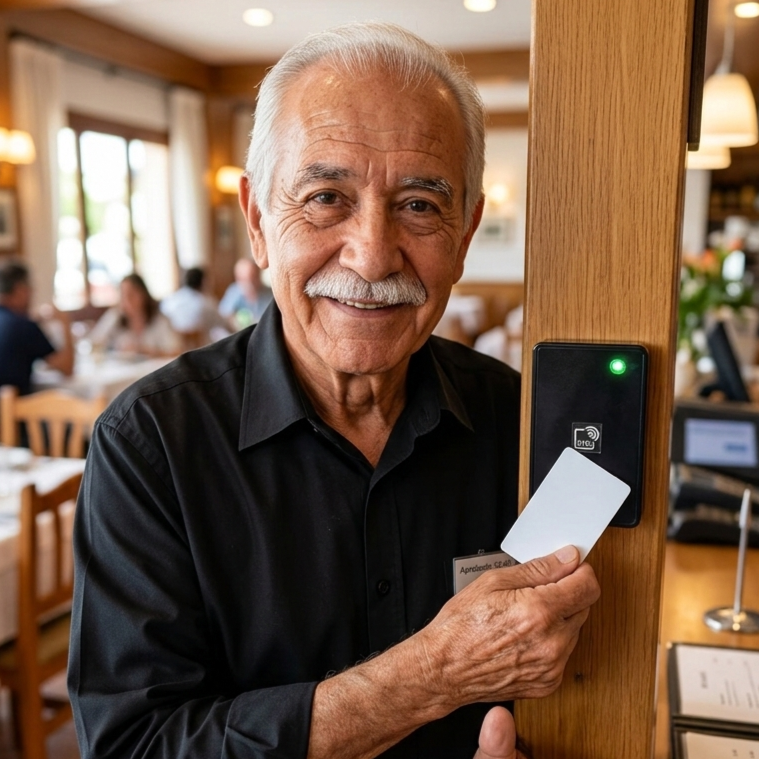 Empleado registrando entrada con tarjeta