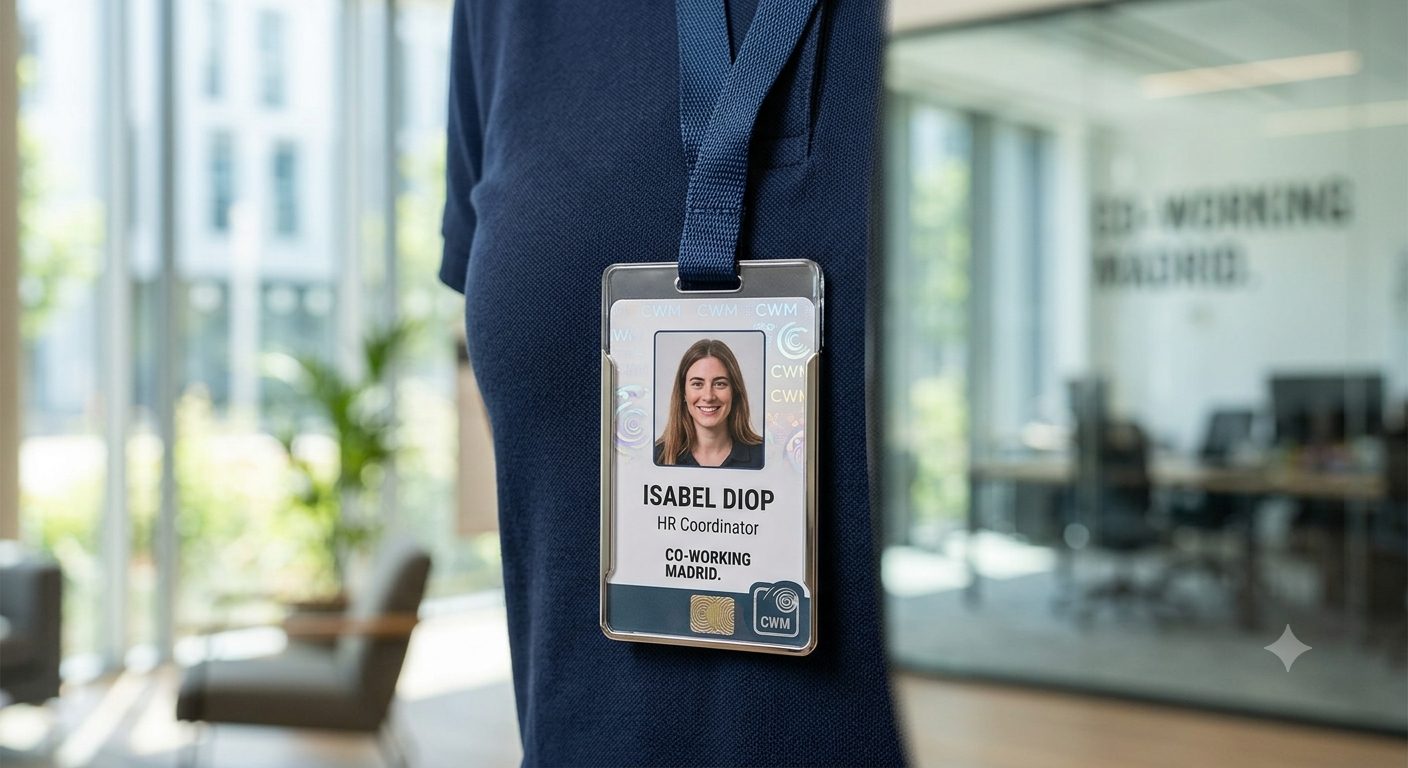 Empleada con su tarjeta RFID personalizada en un portacredenciales en la oficina